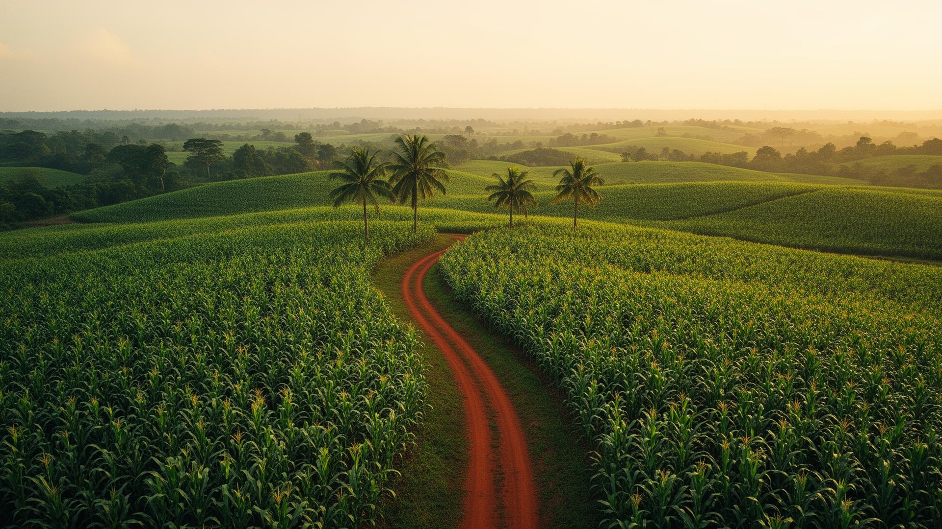 Nigerian farmland at golden hour with rolling green fields